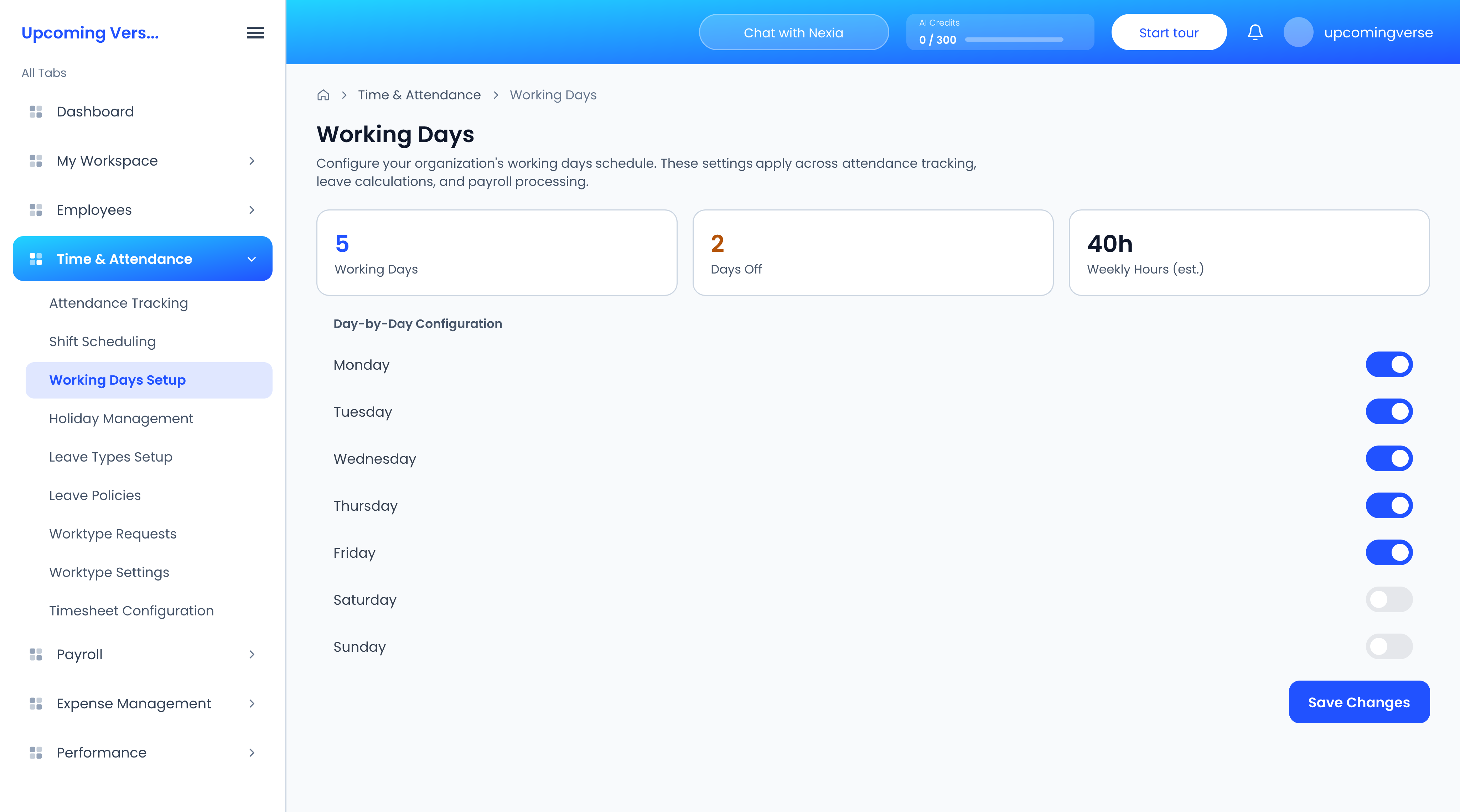 Working Days, with a switch for each day of the week and the working day and hours summary