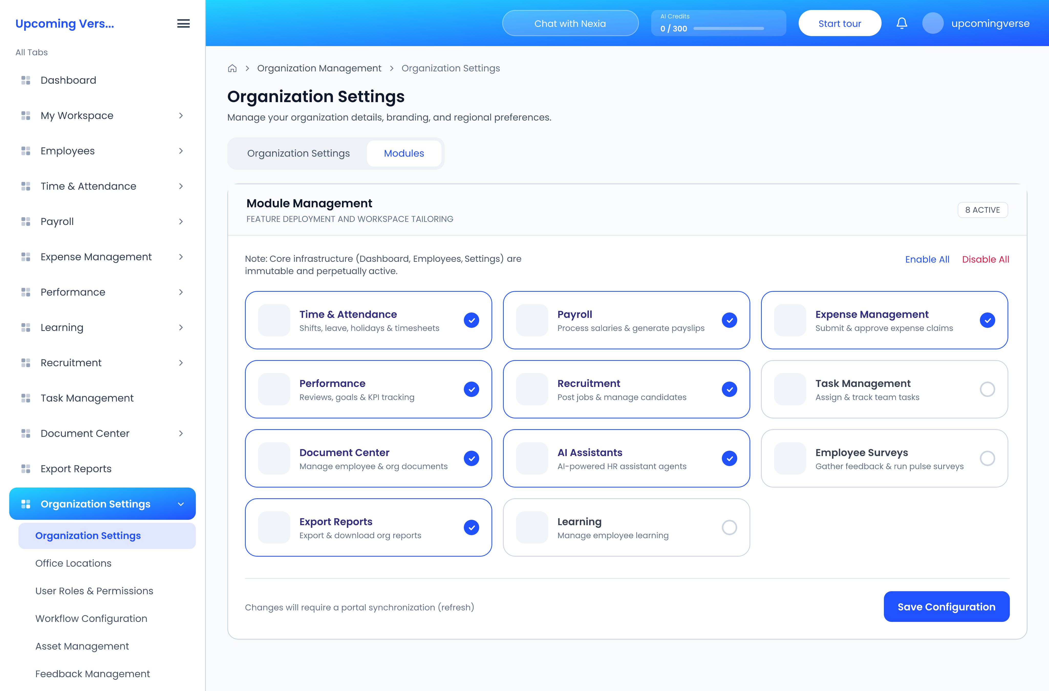 The Modules tab of Organization Settings, with each module selected or cleared and Save Configuration