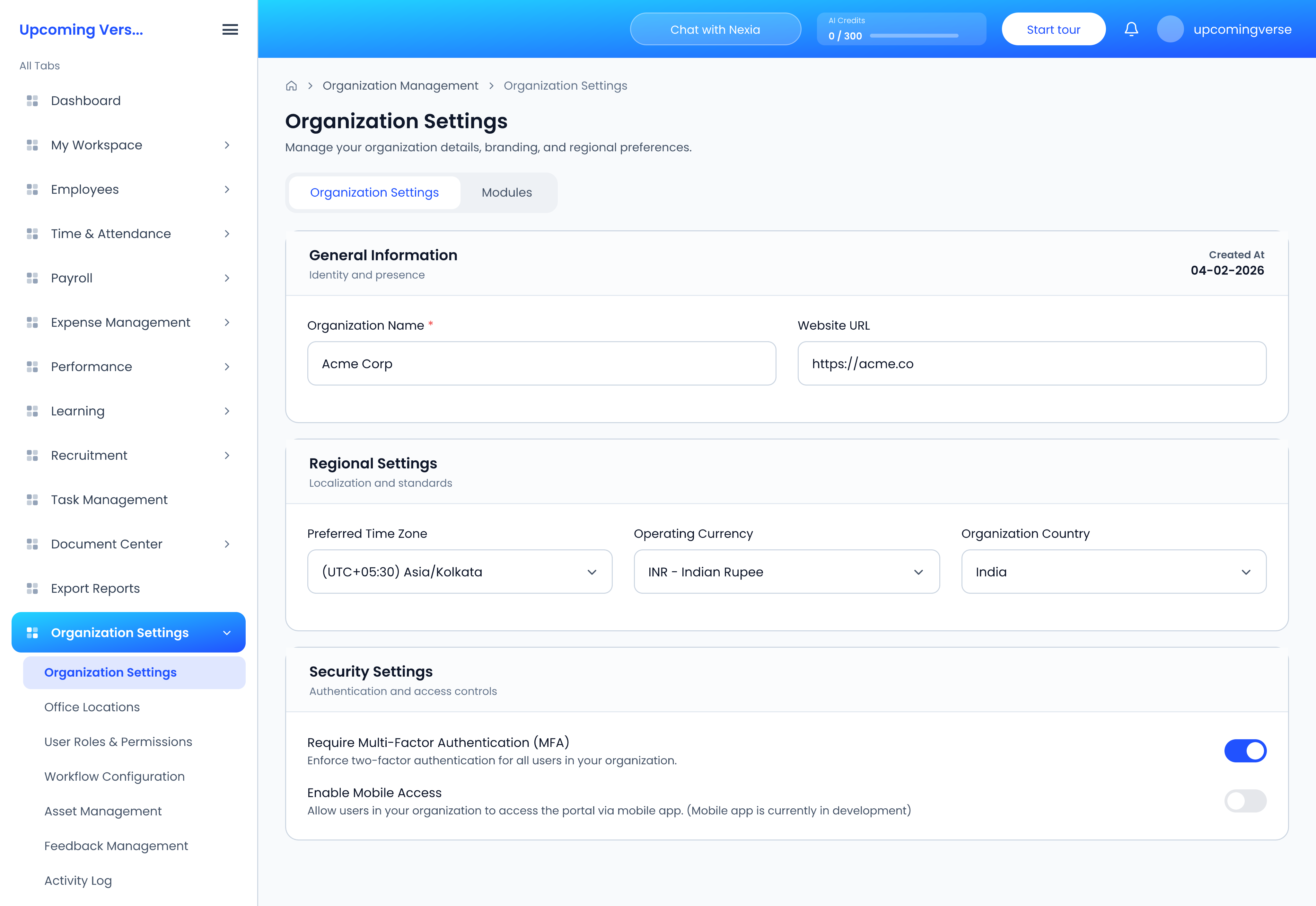 Organization Settings, with the General Information, Regional Settings and Security Settings cards
