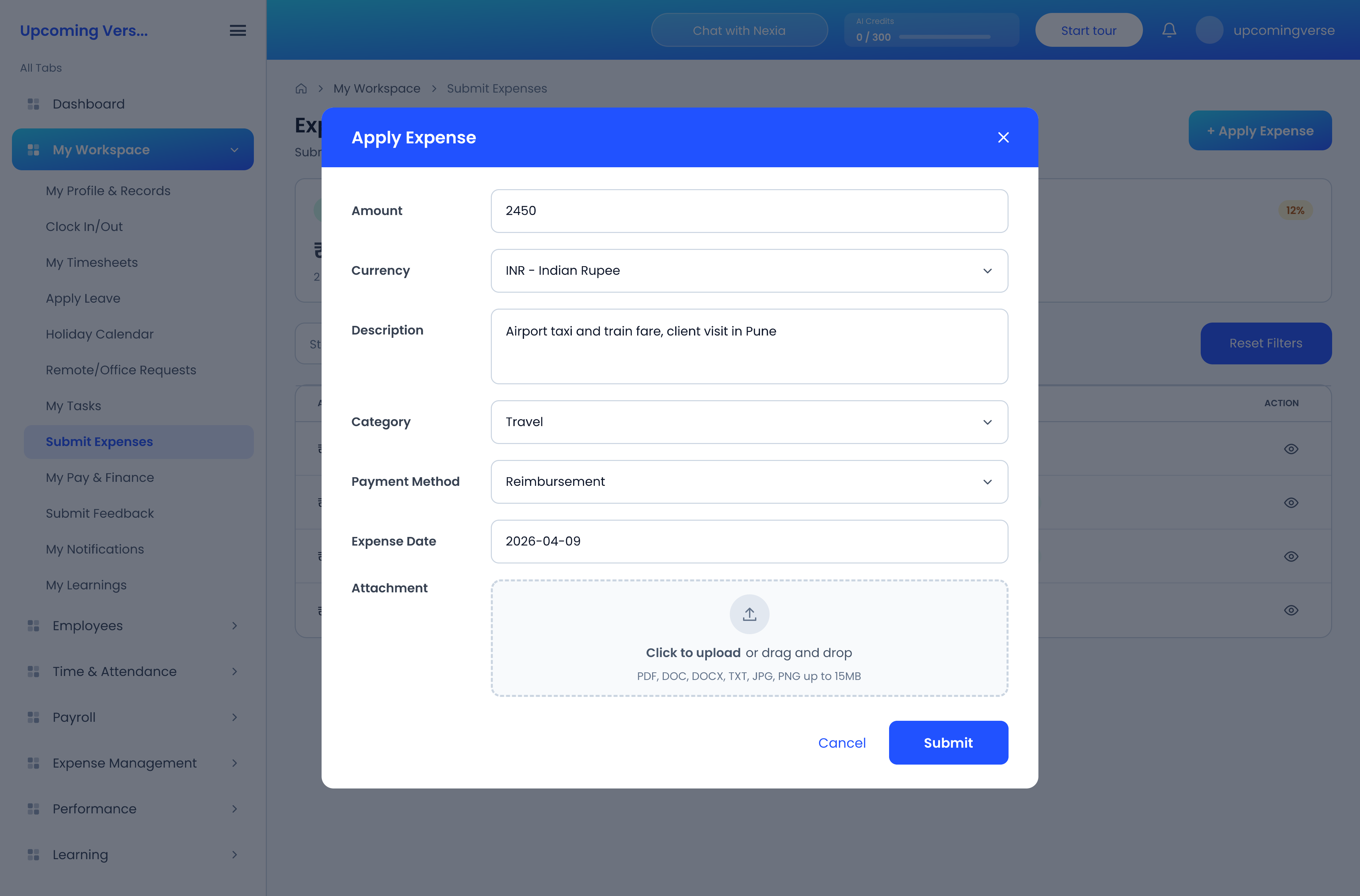 The Apply Expense dialog, with the amount, category, payment method and the area to attach a receipt
