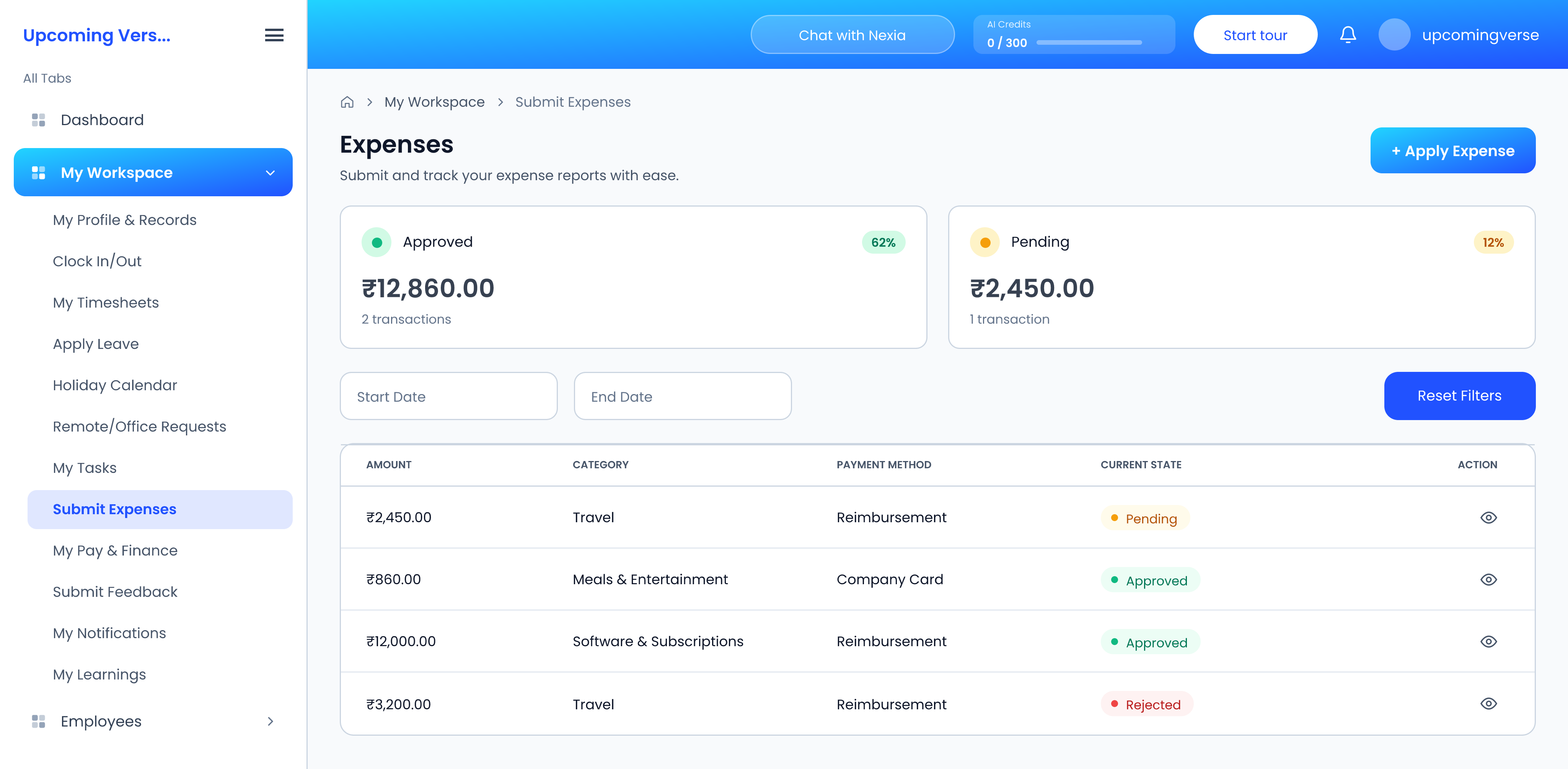 The Expenses screen, where each claim shows its current state, including one that came back rejected