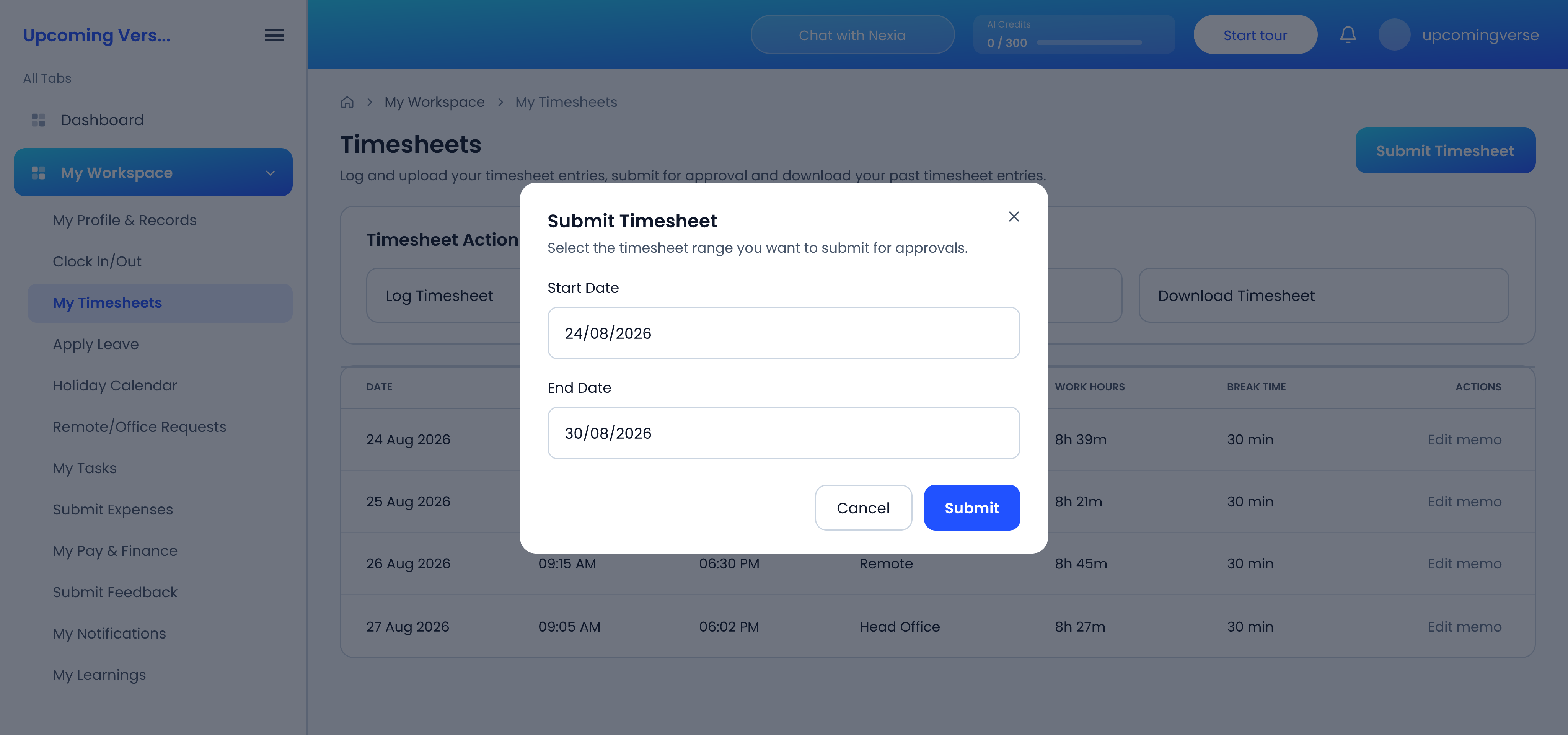 The Submit Timesheet dialog, where the start and end date of the period being submitted are chosen