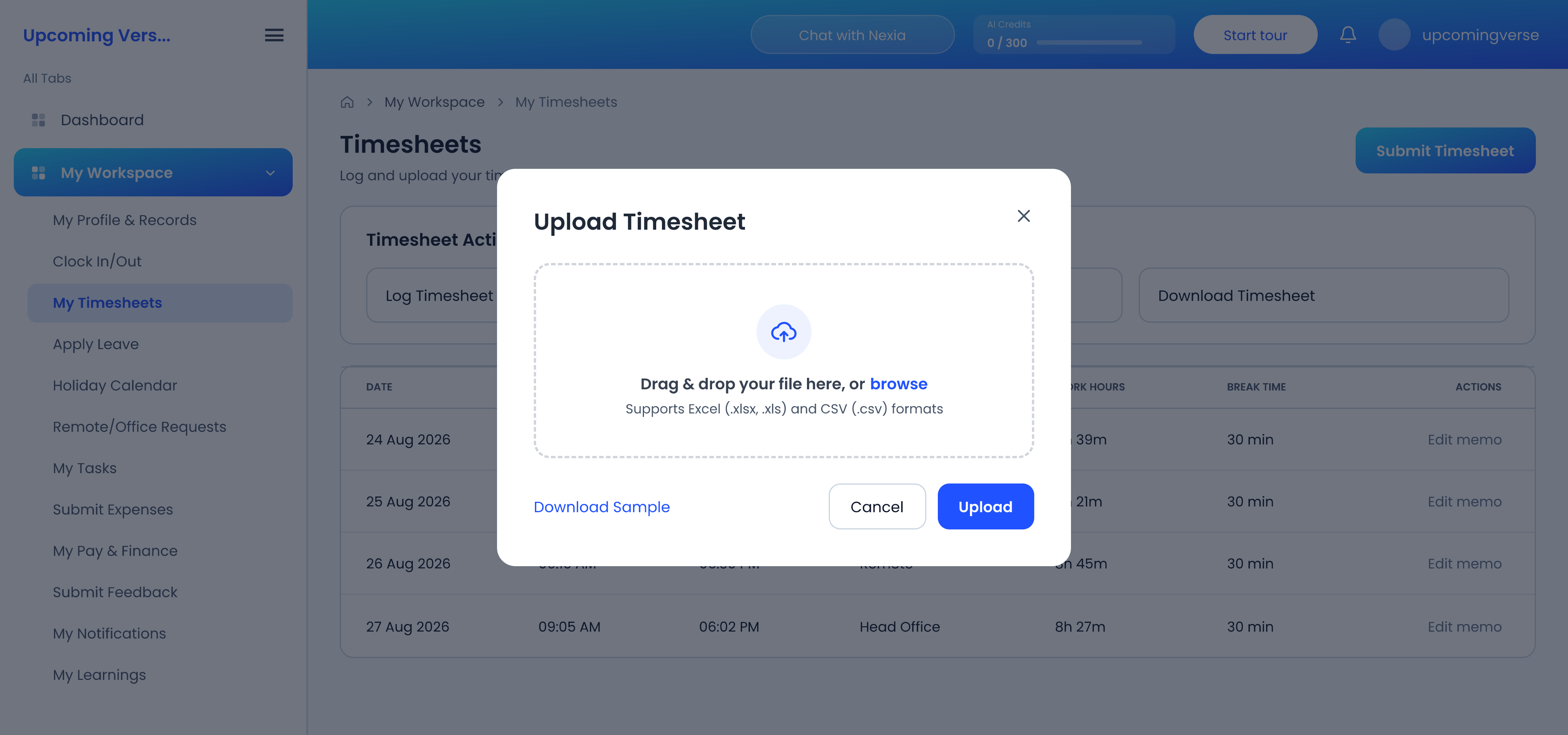 The Upload Timesheet dialog, with the drop area and Download Sample