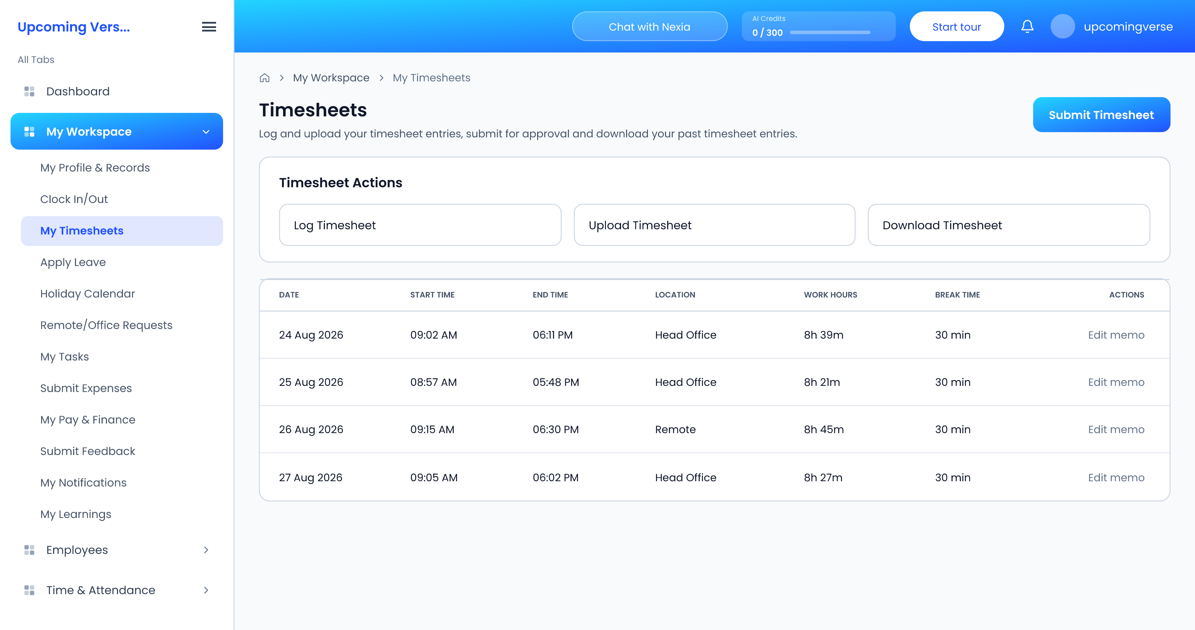 The Timesheets screen, with Submit Timesheet, the Timesheet Actions card and the table of entries
