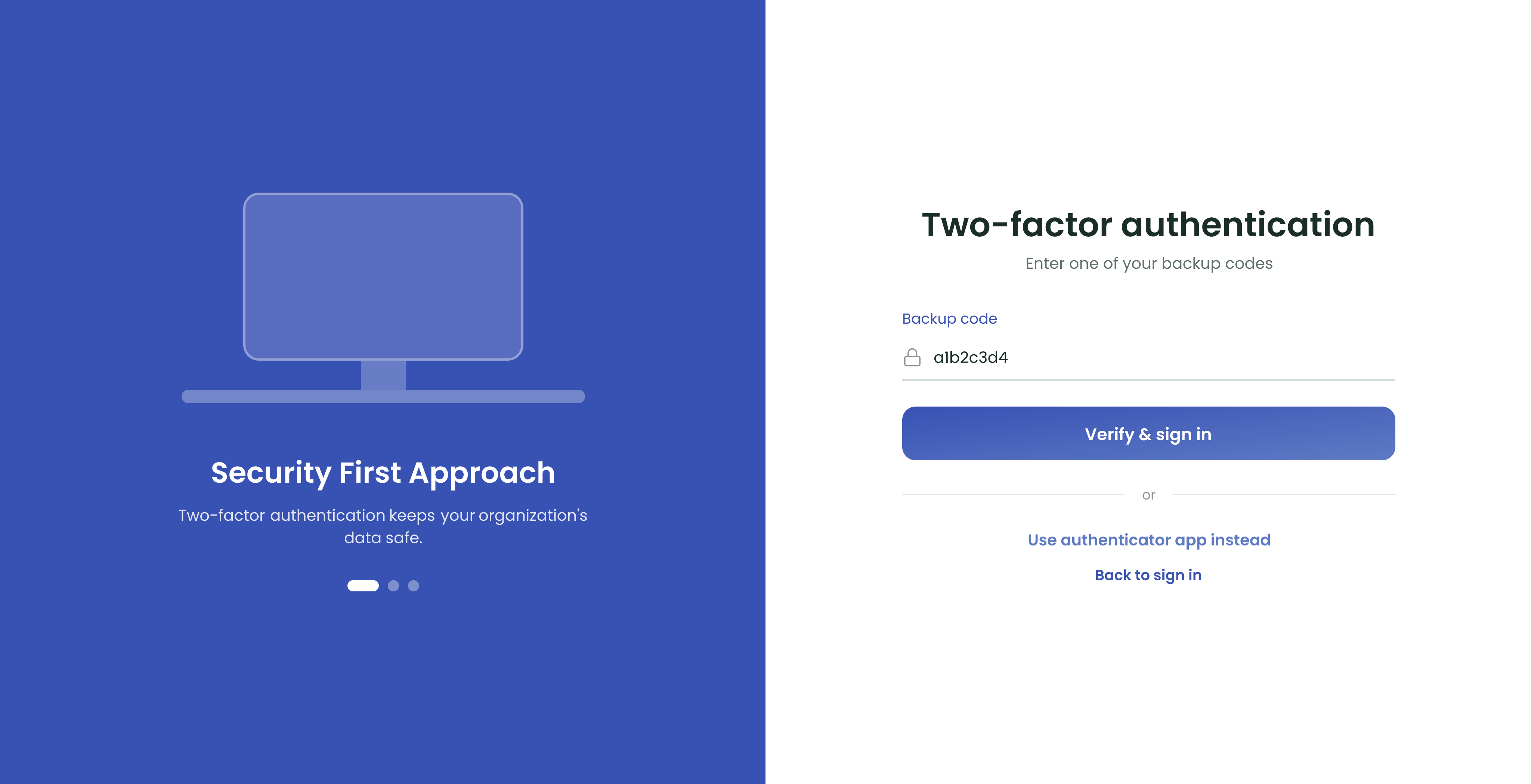 The two-factor screen switched to Backup code, with Use authenticator app instead below