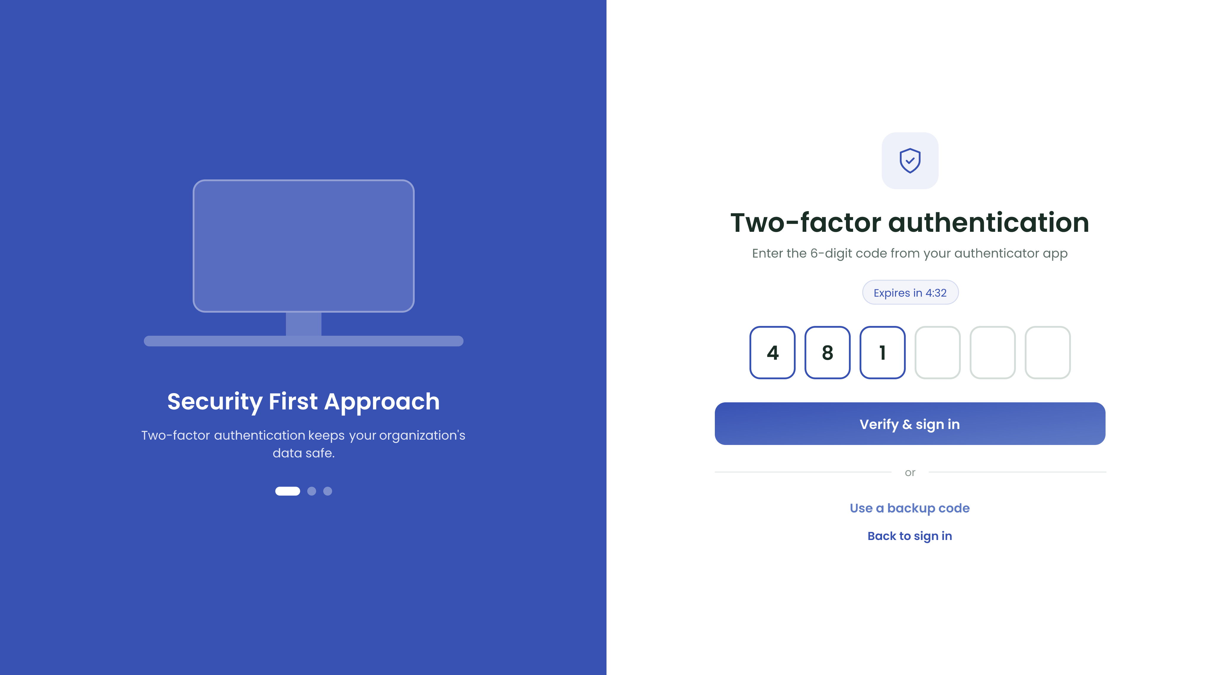 The Two-factor authentication screen, with six code boxes, the expiry timer and the Use a backup code option