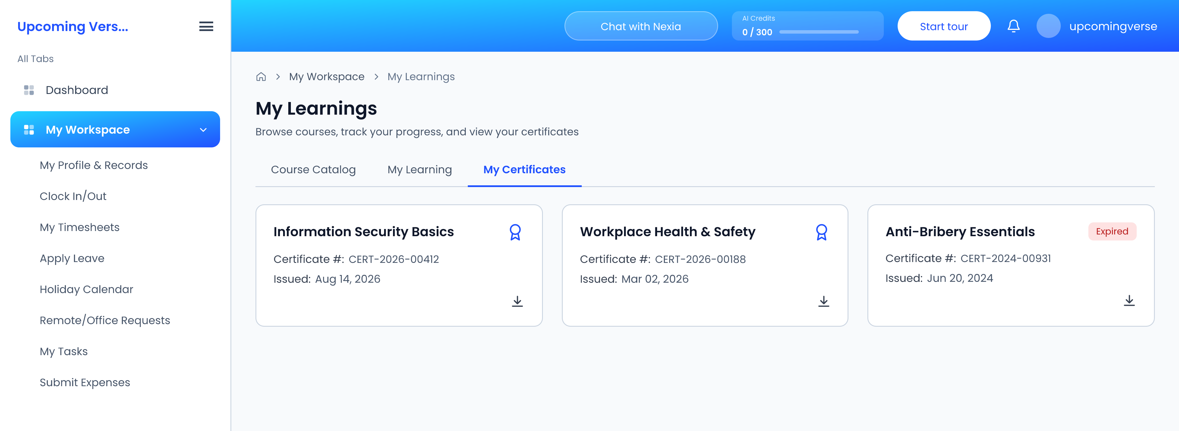 My Learnings on the My Certificates tab, with a card for each certificate showing its number and issue date