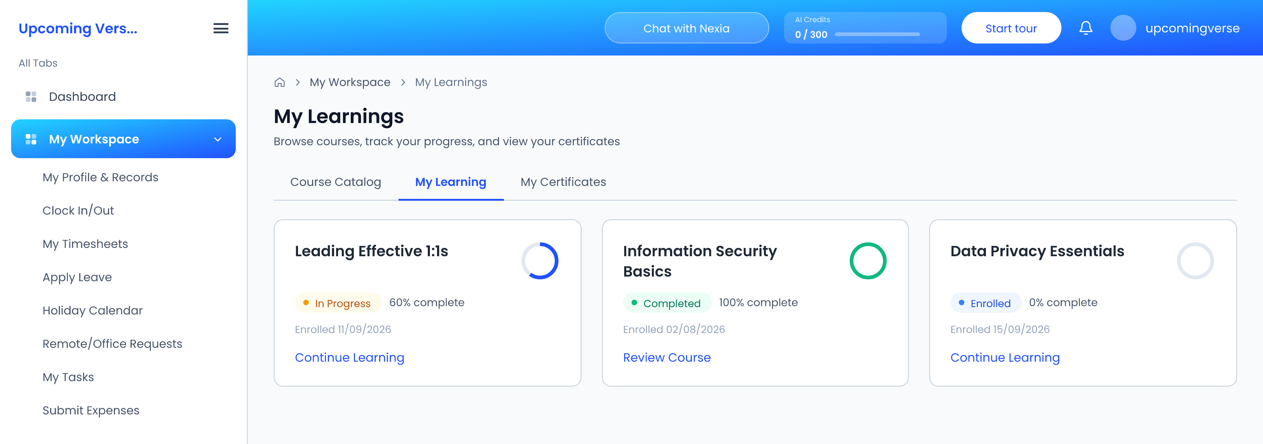 My Learnings on the My Learning tab, with each course's progress and Continue Learning or Review Course
