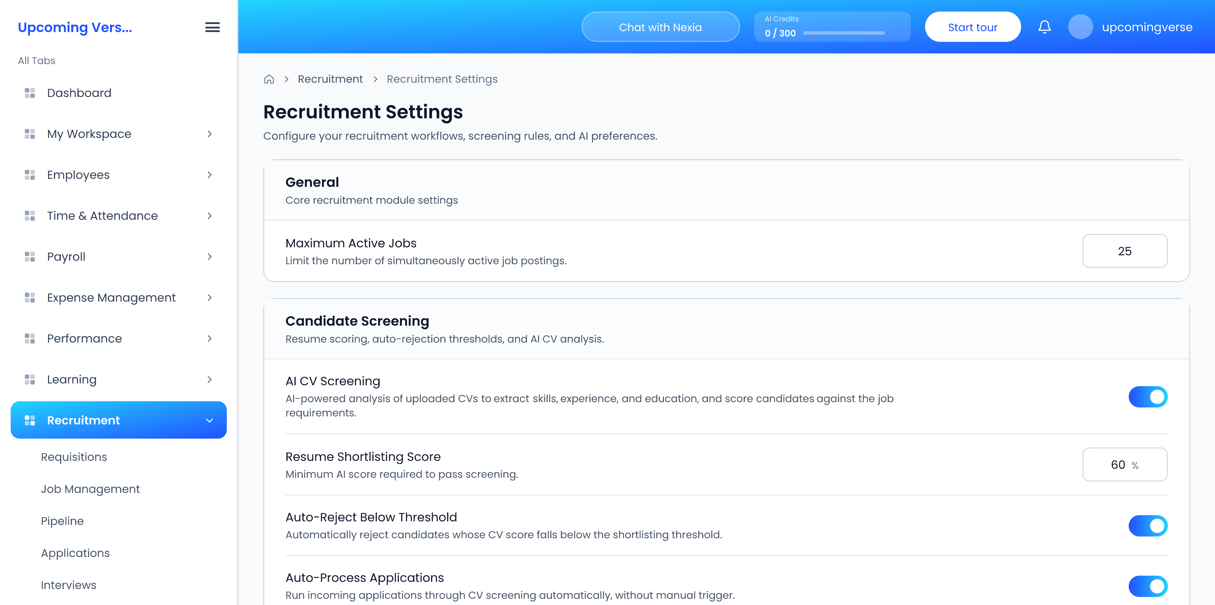 Recruitment Settings, with AI CV Screening, the Resume Shortlisting Score and Auto-Reject Below Threshold